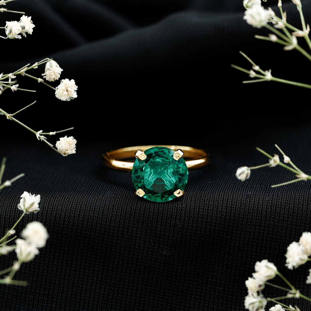 Lab Created Emerald Ring - 3.5 Carat Round Solitaire Engagement with Peg Head Setting