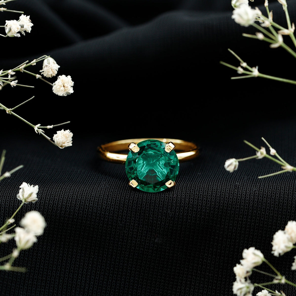 Lab Created Emerald Ring - 3.5 Carat Round Solitaire Engagement with Peg Head Setting
