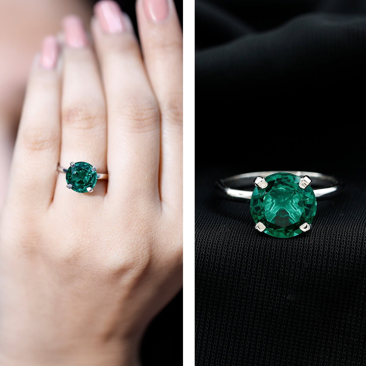 Lab Created Emerald Ring - 3.5 Carat Round Solitaire Engagement with Peg Head Setting