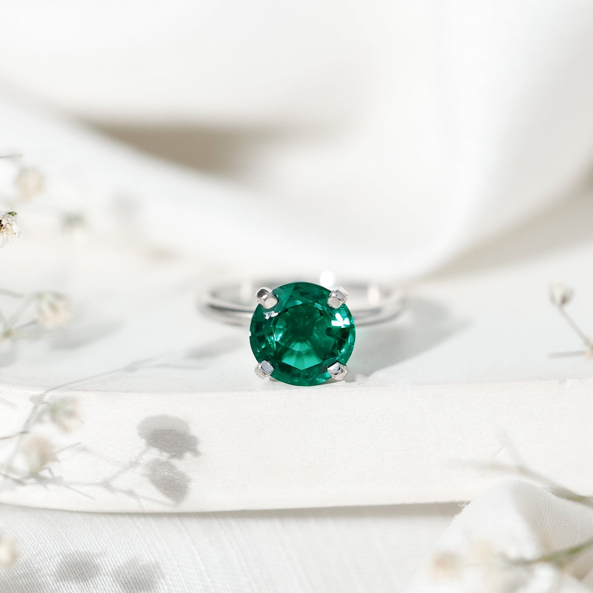 Lab Created Emerald Ring - 3.5 Carat Round Solitaire Engagement with Peg Head Setting