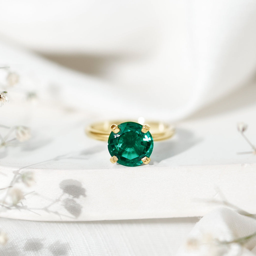 Lab Created Emerald Ring - 3.5 Carat Round Solitaire Engagement with Peg Head Setting