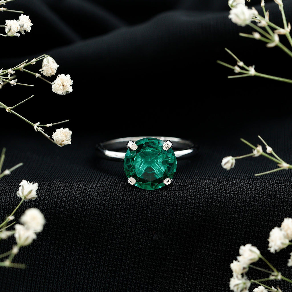 Lab Created Emerald Ring - 3.5 Carat Round Solitaire Engagement with Peg Head Setting