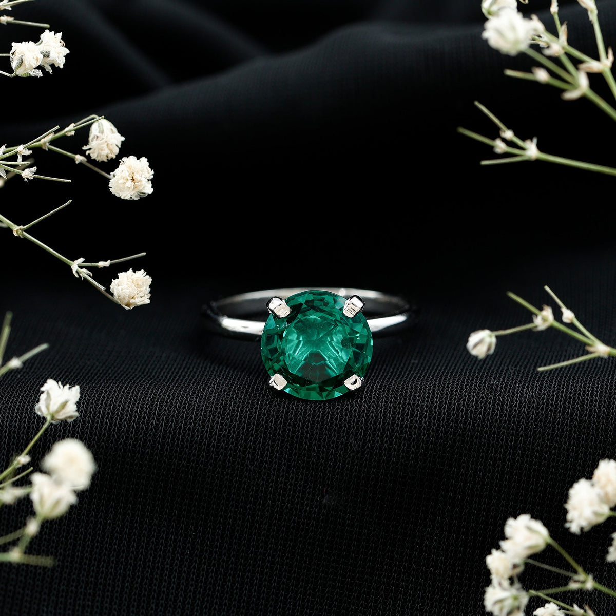 Lab Created Emerald Ring - 3.5 Carat Round Solitaire Engagement with Peg Head Setting