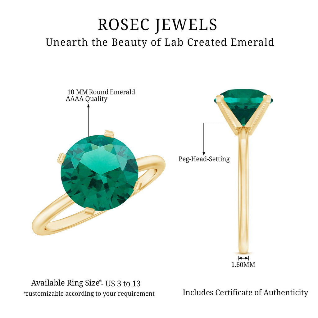 Lab Created Emerald Ring - 3.5 Carat Round Solitaire Engagement with Peg Head Setting