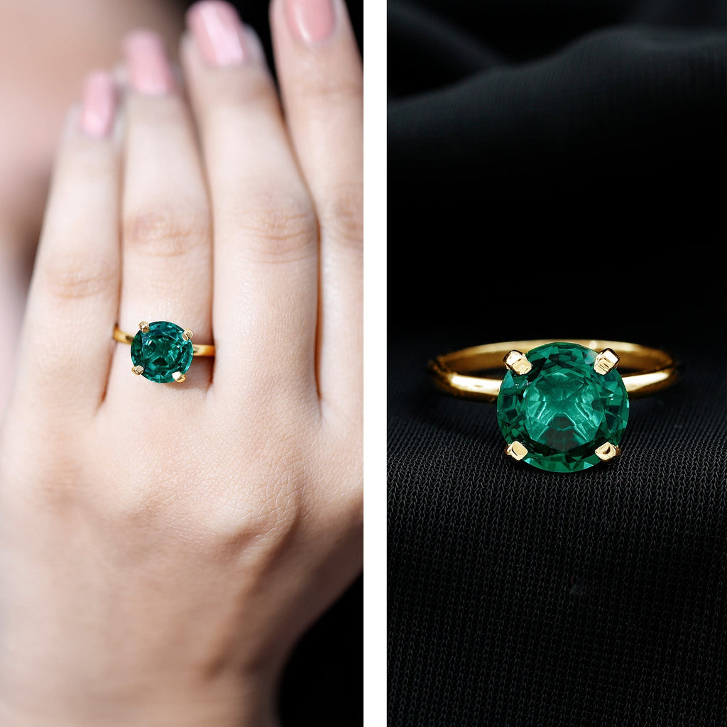 Lab Created Emerald Ring - 3.5 Carat Round Solitaire Engagement with Peg Head Setting