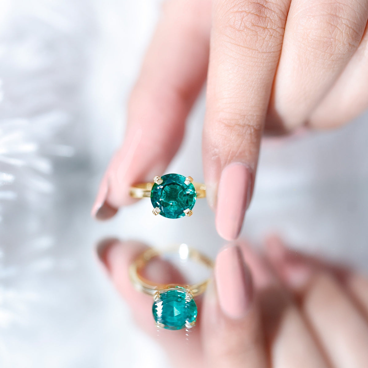 Lab Created Emerald Ring - 3.5 Carat Round Solitaire Engagement with Peg Head Setting