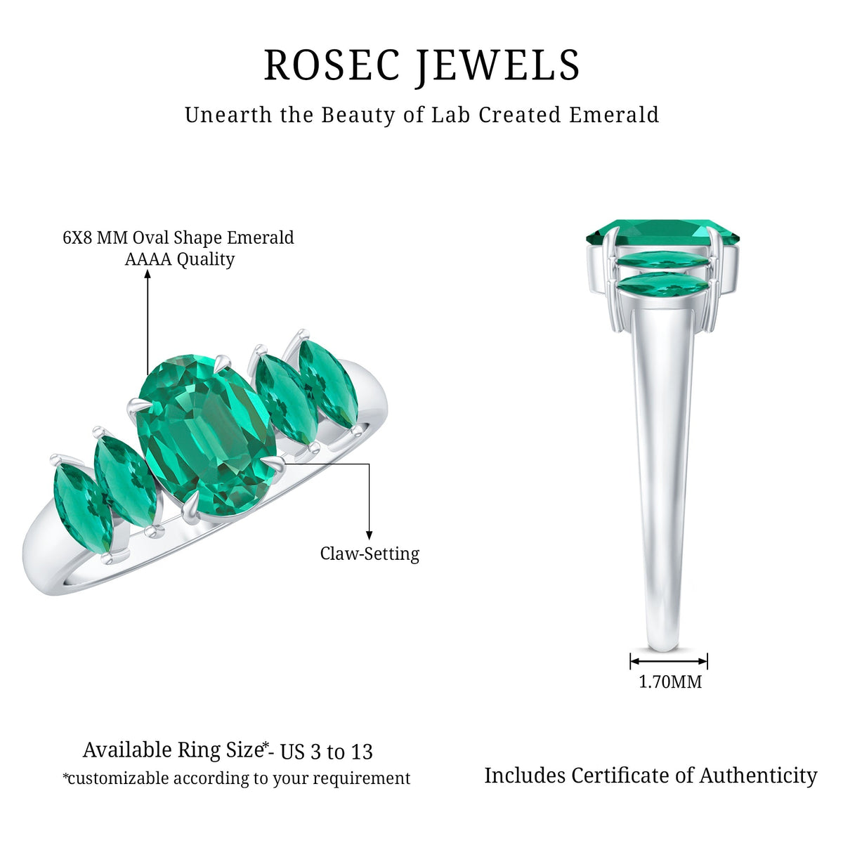 Lab Created Emerald Ring – Five Stone Oval Marquise Multi Stone Design