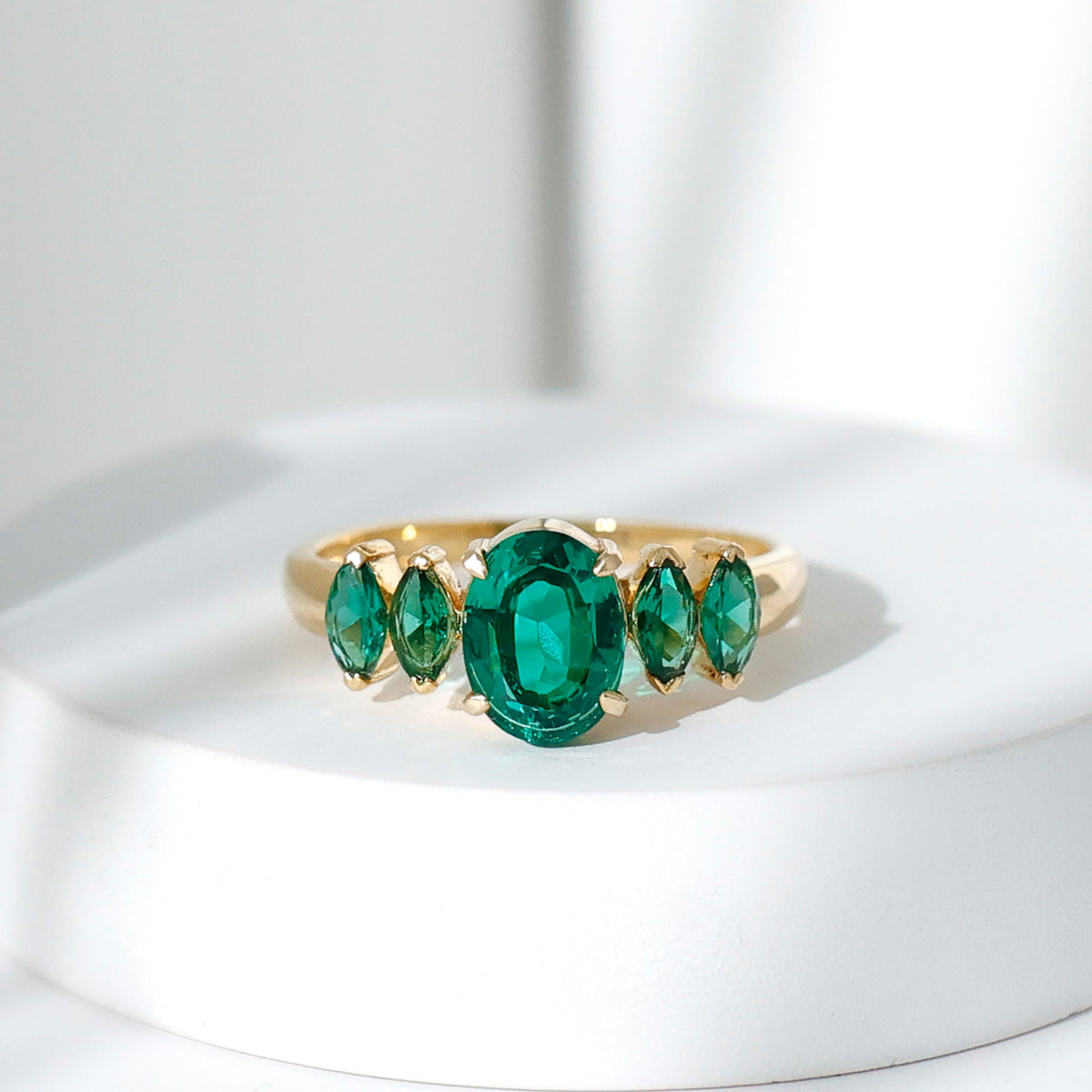 Lab Created Emerald Ring – Five Stone Oval Marquise Multi Stone Design