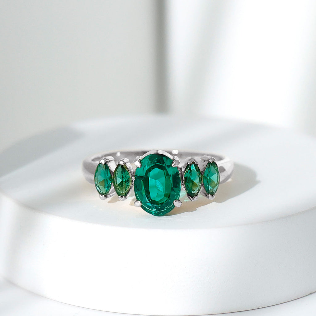 Lab Created Emerald Ring – Five Stone Oval Marquise Multi Stone Design