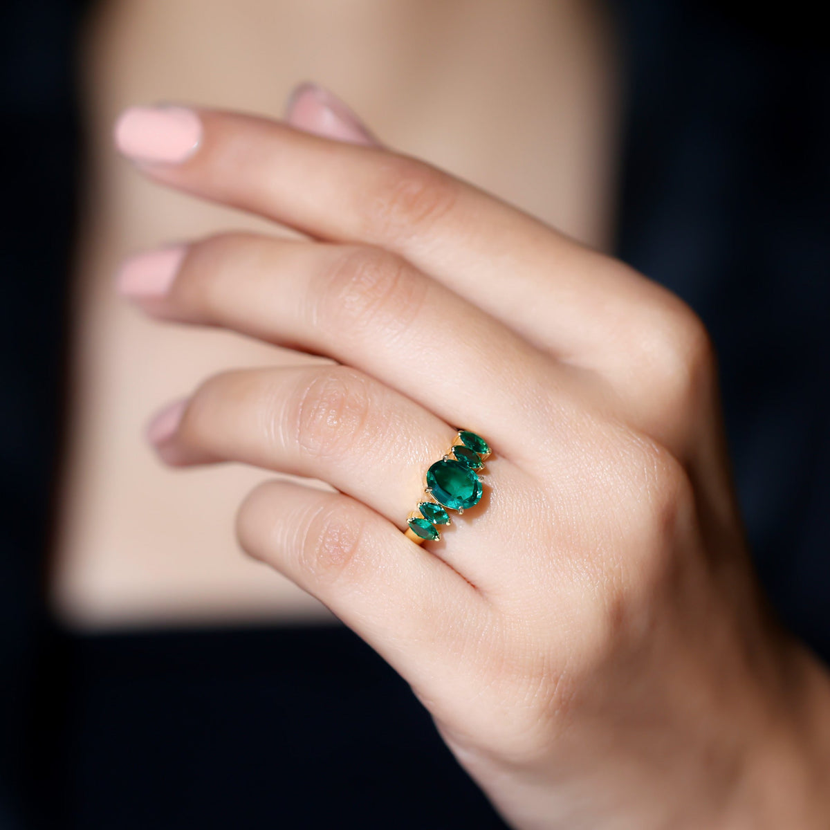Lab Created Emerald Ring – Five Stone Oval Marquise Multi Stone Design