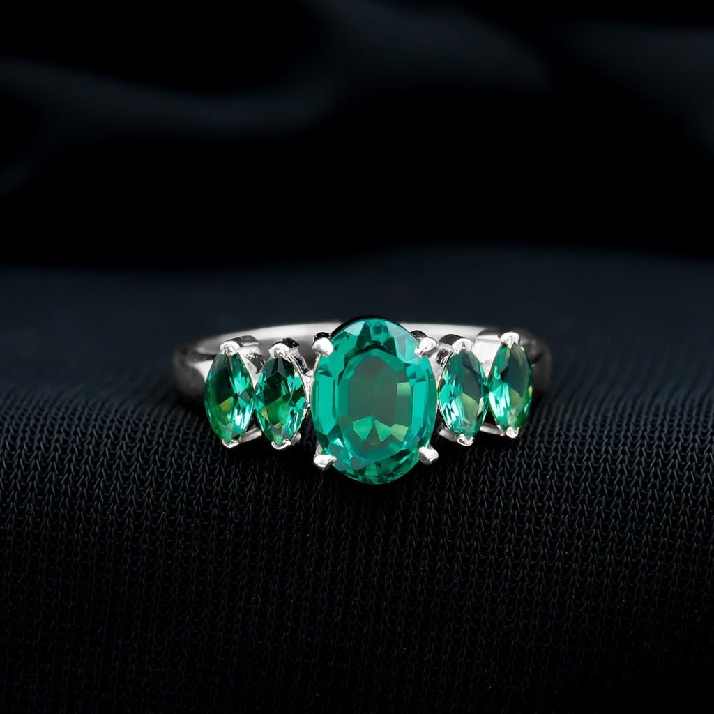 Lab Created Emerald Ring – Five Stone Oval Marquise Multi Stone Design