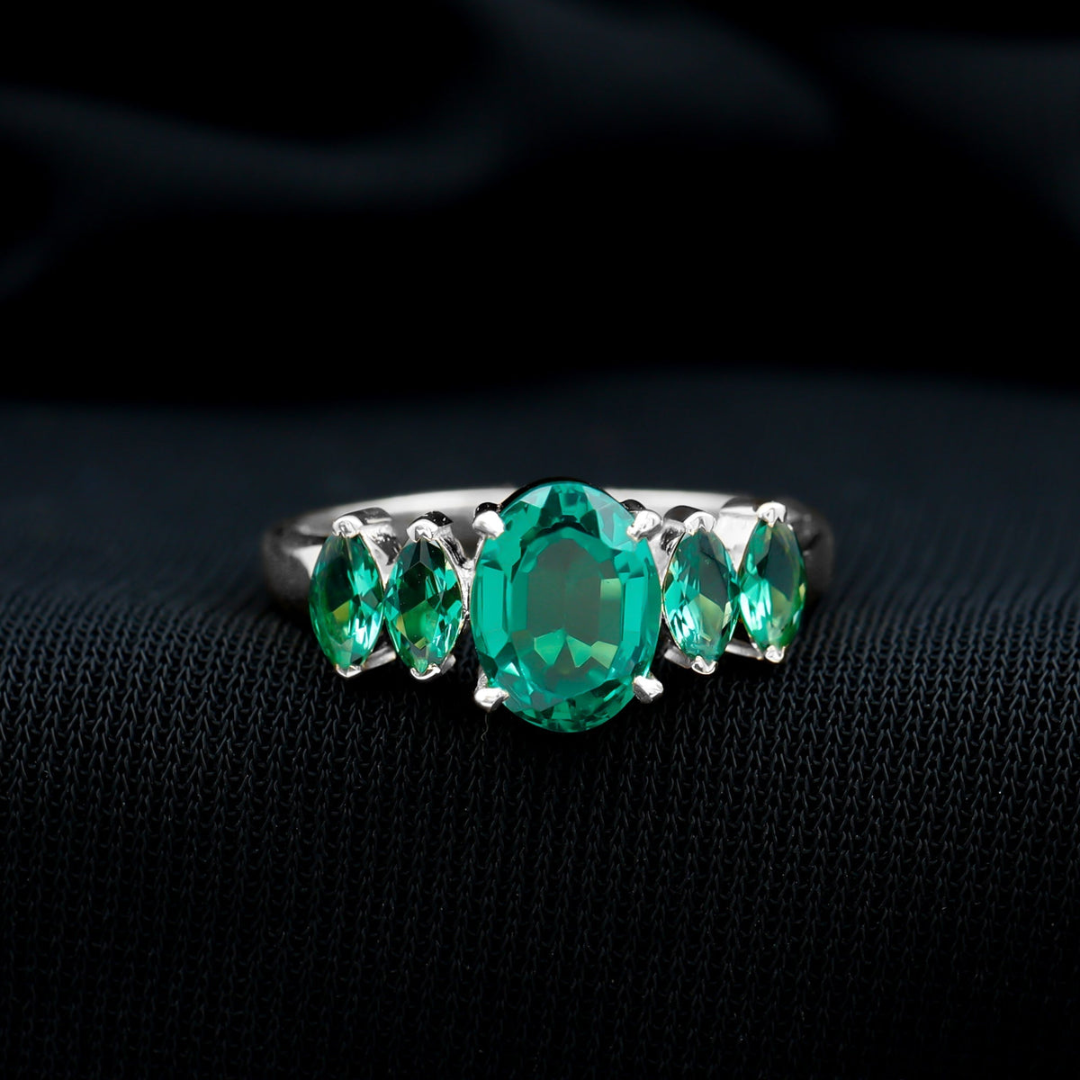 Lab Created Emerald Ring – Five Stone Oval Marquise Multi Stone Design