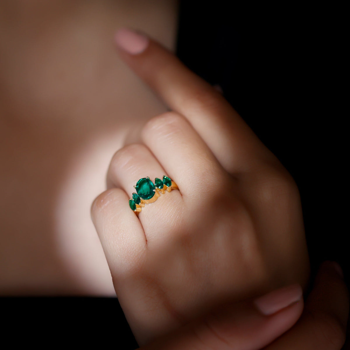 Lab Created Emerald Ring – Five Stone Oval Marquise Multi Stone Design
