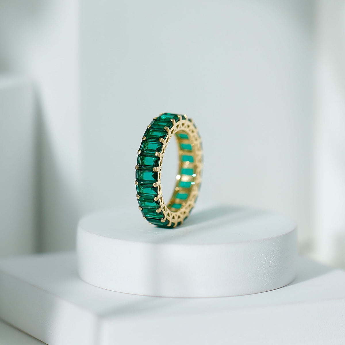 Lab Created Emerald Ring – Full Eternity Band With AAAA Quality Gemstones