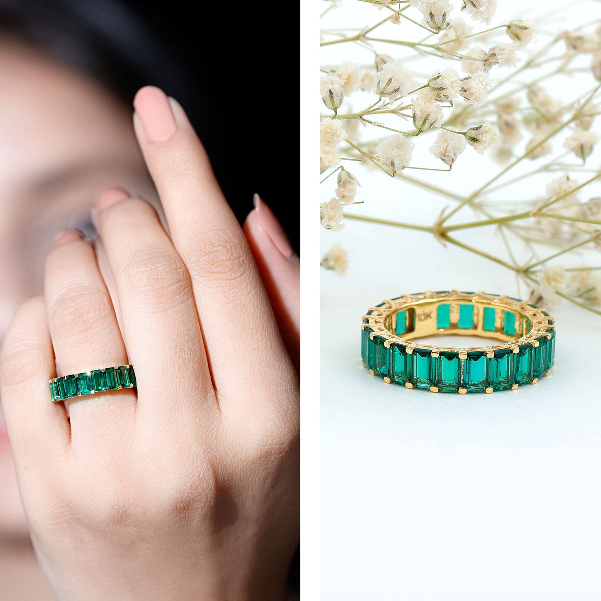 Lab Created Emerald Ring – Full Eternity Band With AAAA Quality Gemstones