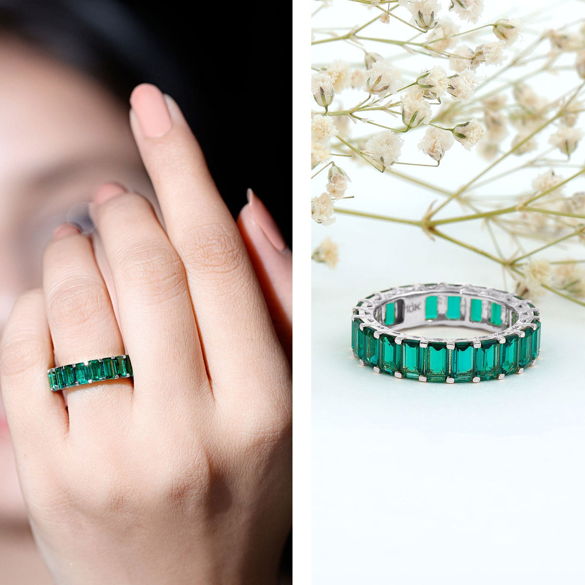 Lab Created Emerald Ring – Full Eternity Band With AAAA Quality Gemstones