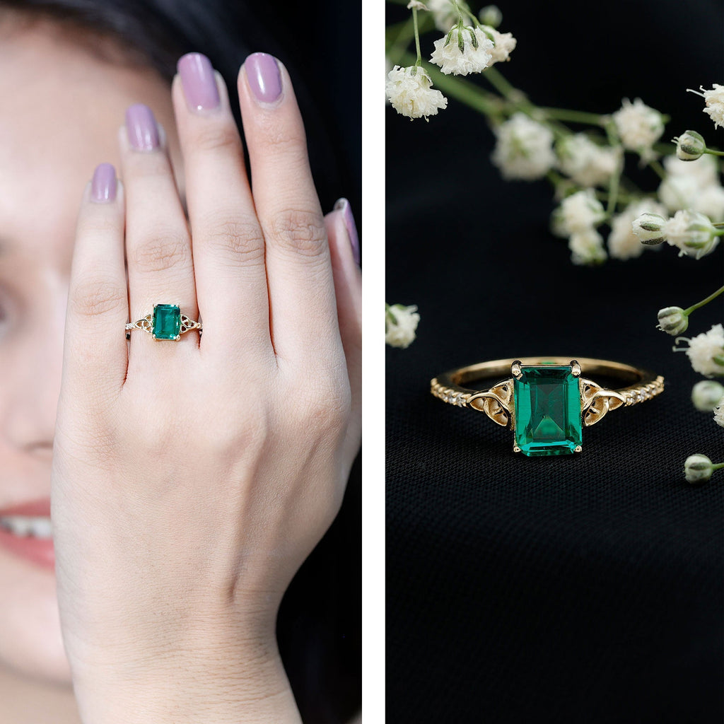 Lab Created Emerald Ring – Solitaire Emerald Cut Engagement Band with Celtic Knot & Diamonds