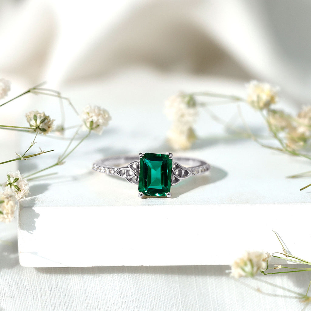 Lab Created Emerald Ring – Solitaire Emerald Cut Engagement Band with Celtic Knot & Diamonds