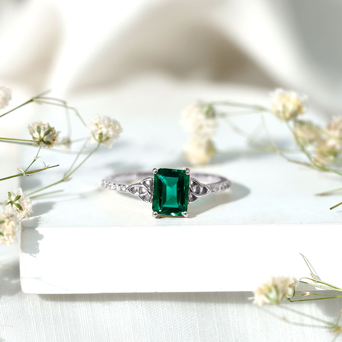 Lab Created Emerald Ring – Solitaire Emerald Cut Engagement Band with Celtic Knot & Diamonds