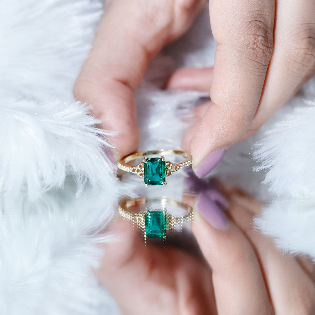 Lab Created Emerald Ring – Solitaire Emerald Cut Engagement Band with Celtic Knot & Diamonds