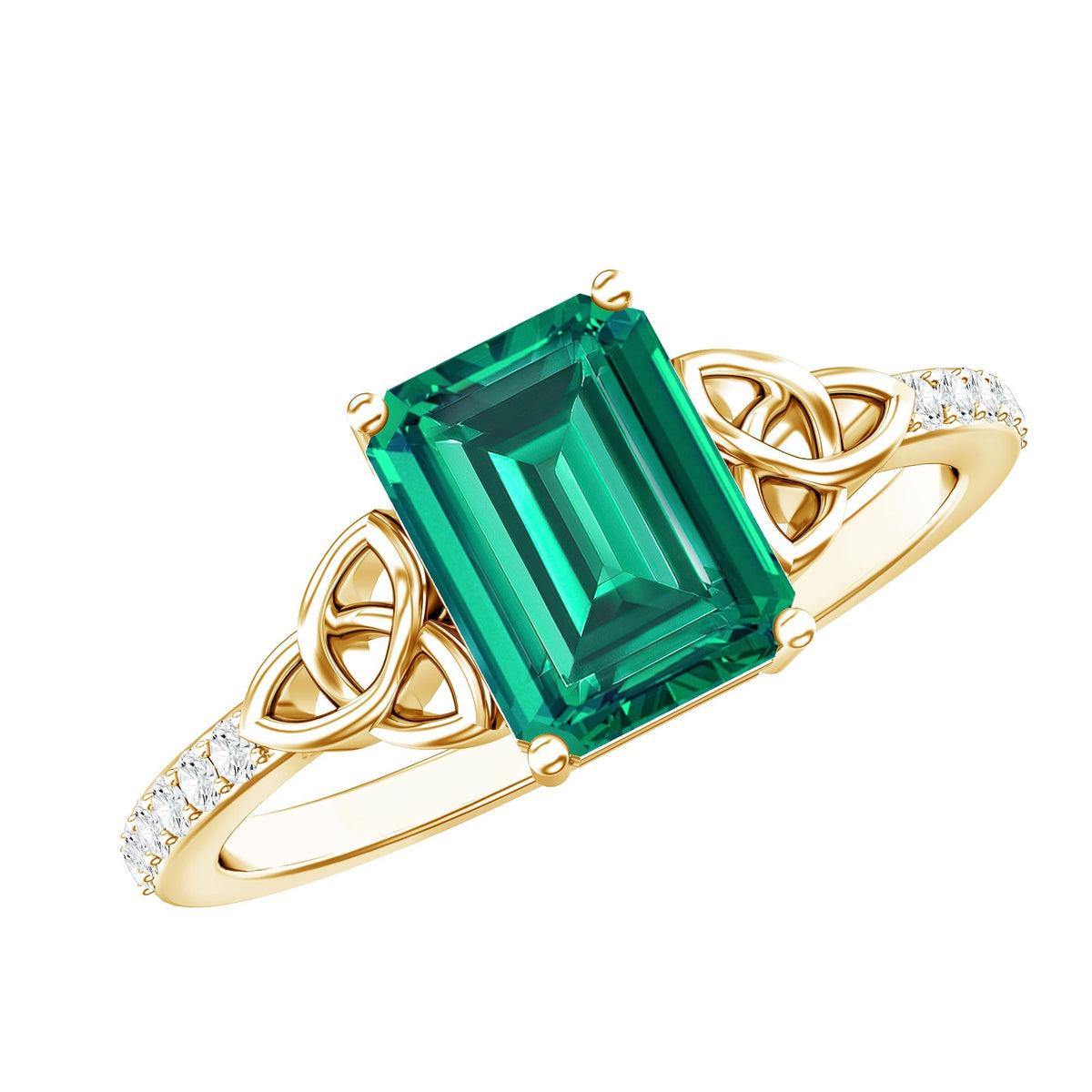 Lab Created Emerald Ring – Solitaire Emerald Cut Engagement Band with Celtic Knot & Diamonds