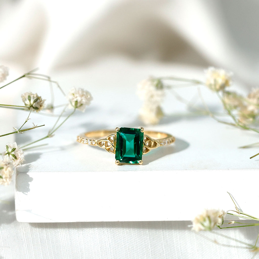 Lab Created Emerald Ring – Solitaire Emerald Cut Engagement Band with Celtic Knot & Diamonds