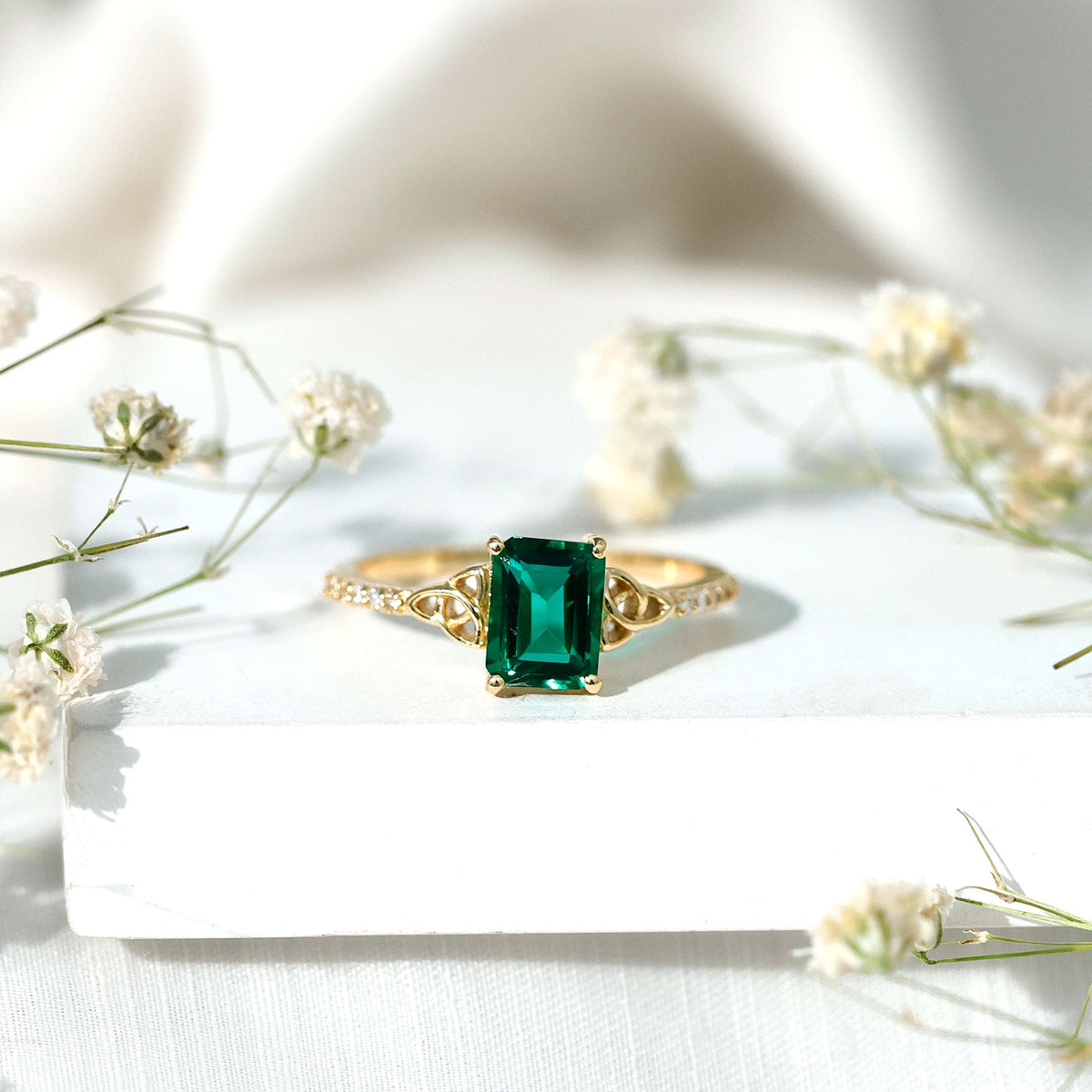 Lab Created Emerald Ring – Solitaire Emerald Cut Engagement Band with Celtic Knot & Diamonds
