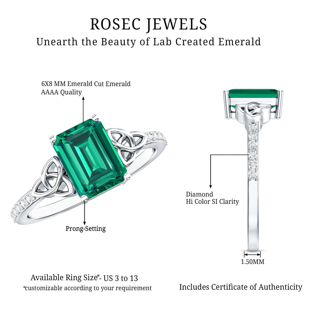 Lab Created Emerald Ring – Solitaire Emerald Cut Engagement Band with Celtic Knot & Diamonds