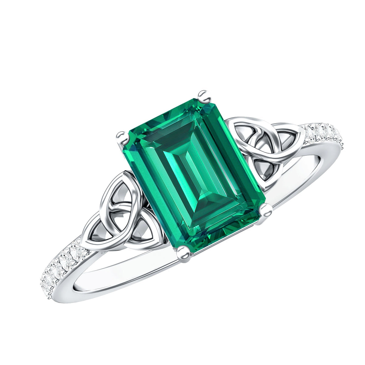 Lab Created Emerald Ring – Solitaire Emerald Cut Engagement Band with Celtic Knot & Diamonds