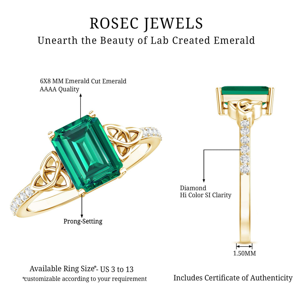 Lab Created Emerald Ring – Solitaire Emerald Cut Engagement Band with Celtic Knot & Diamonds