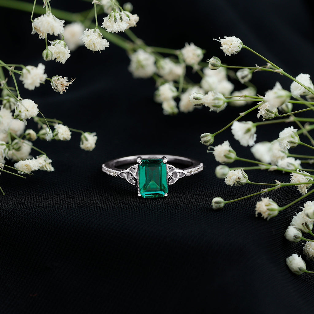 Lab Created Emerald Ring – Solitaire Emerald Cut Engagement Band with Celtic Knot & Diamonds