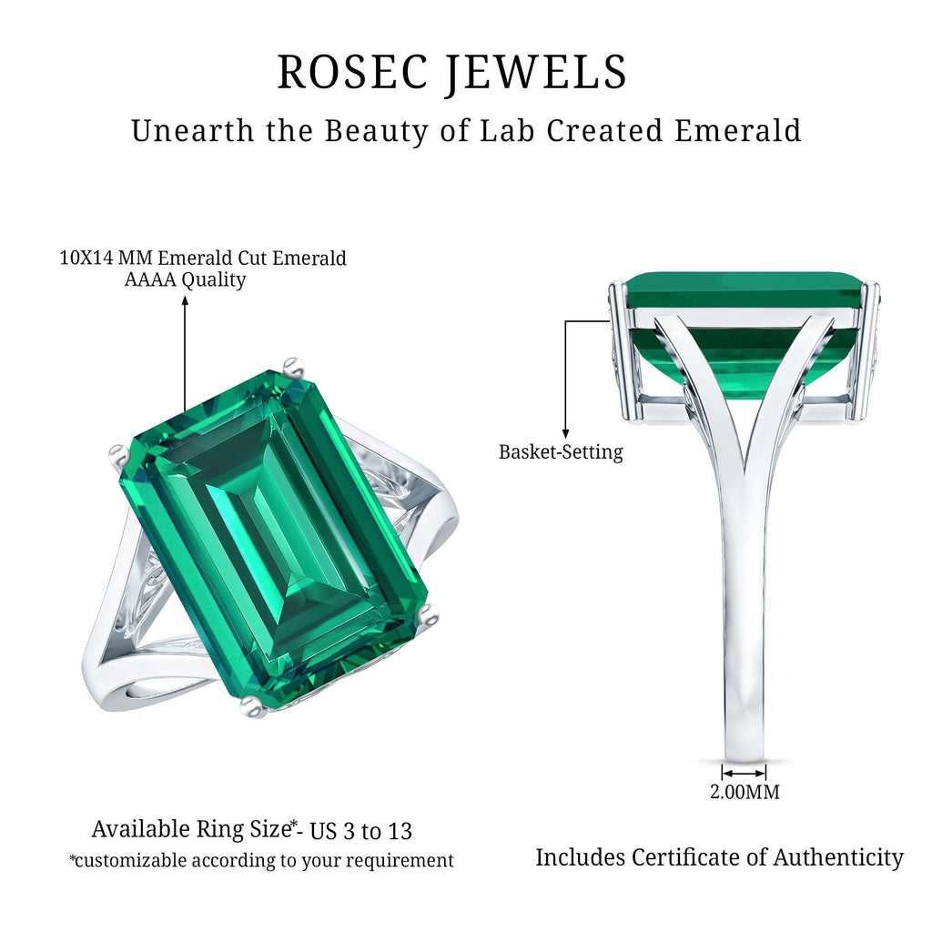 Lab Created Emerald Ring – Solitaire Emerald Engagement Ring With Split Shank Band