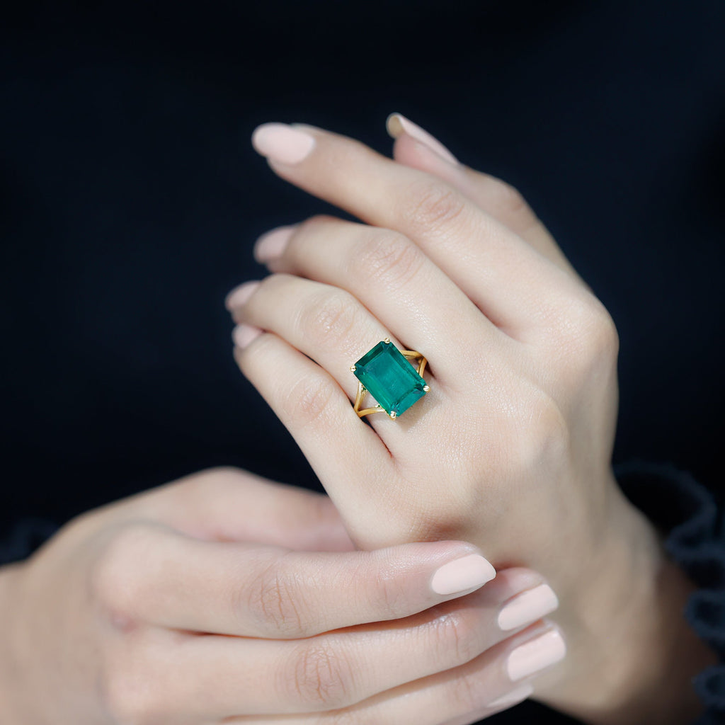 Lab Created Emerald Ring – Solitaire Emerald Engagement Ring With Split Shank Band