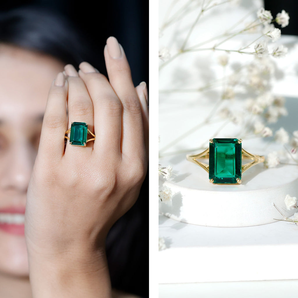Lab Created Emerald Ring – Solitaire Emerald Engagement Ring With Split Shank Band