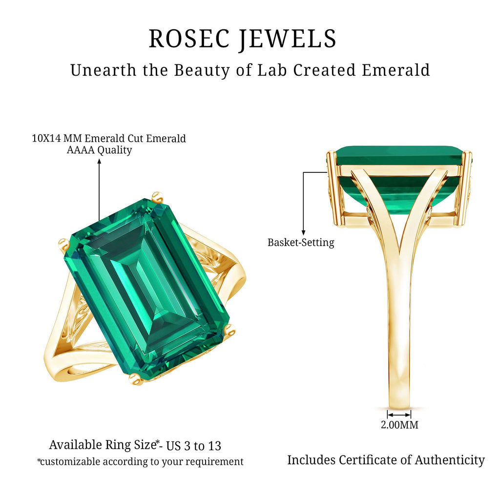 Lab Created Emerald Ring – Solitaire Emerald Engagement Ring With Split Shank Band