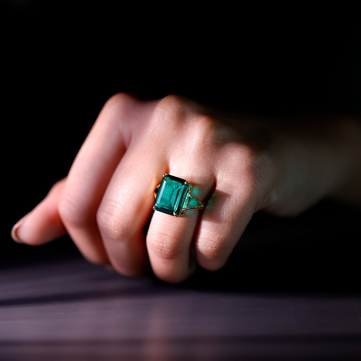 Lab Created Emerald Ring – Solitaire Emerald Engagement Ring With Split Shank Band