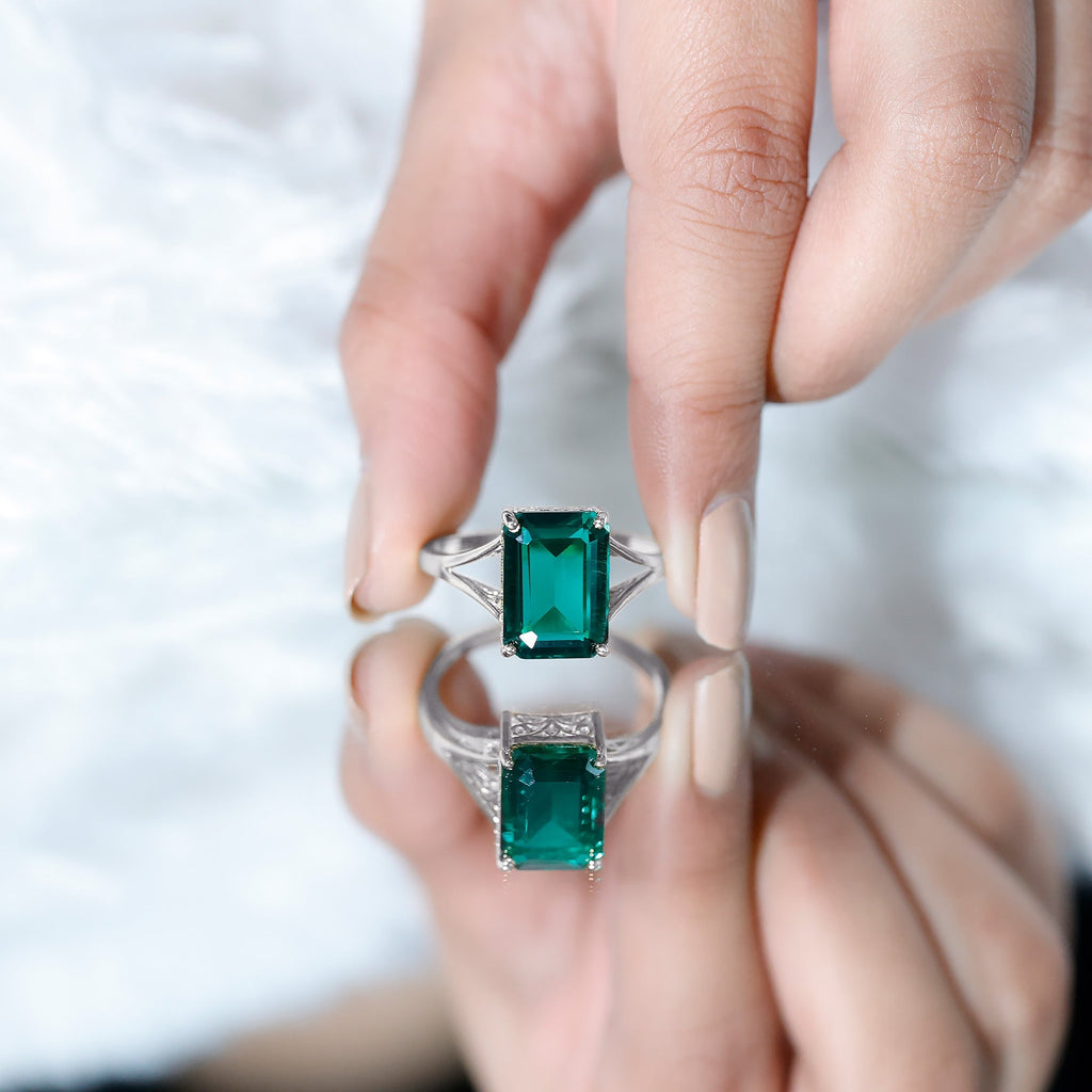Lab Created Emerald Ring – Solitaire Emerald Engagement Ring With Split Shank Band