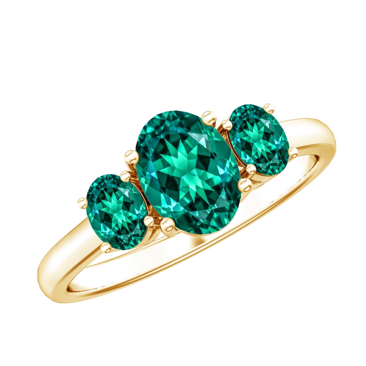 Lab Created Emerald Ring – Three Stone Oval Cut Prong Setting AAAA Quality
