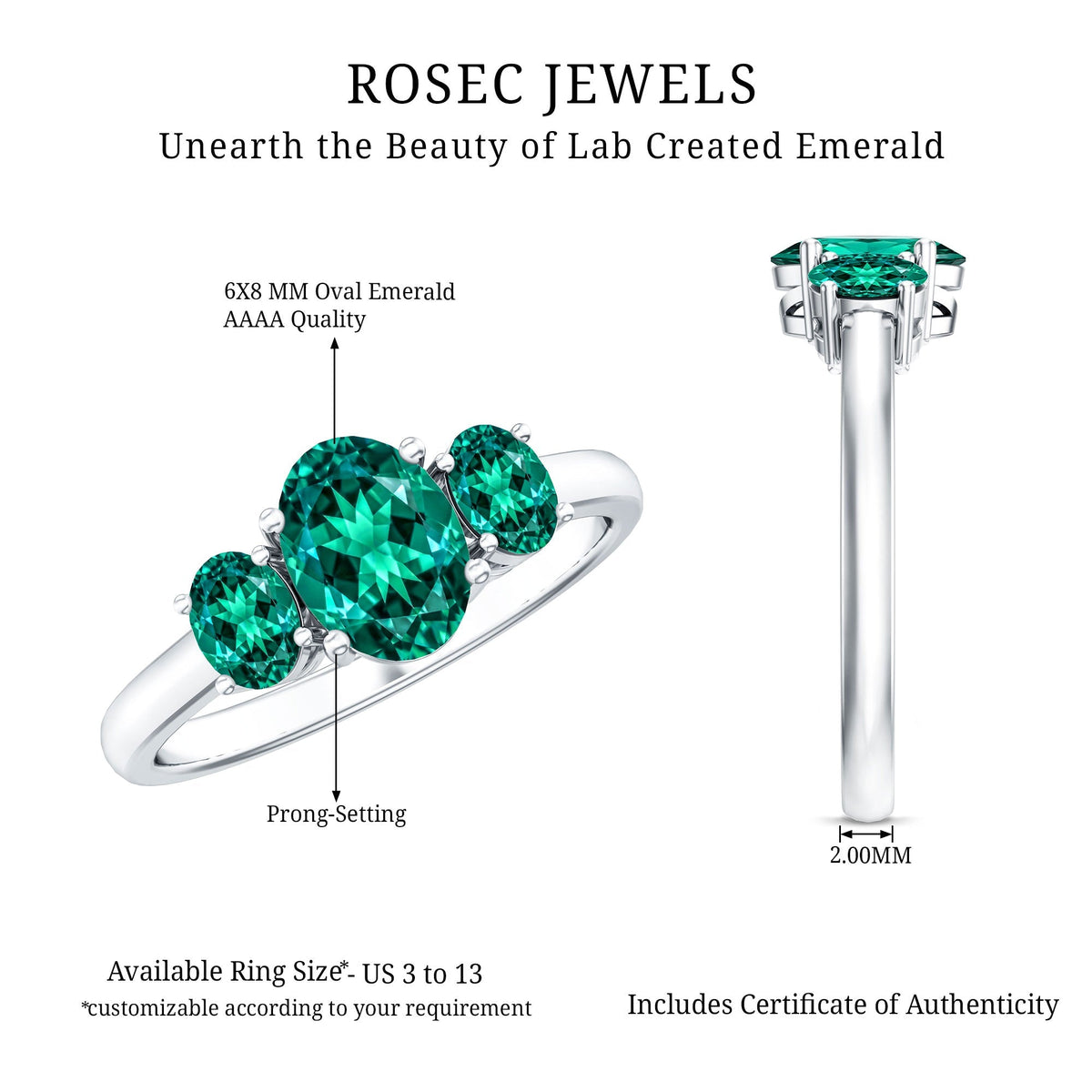 Lab Created Emerald Ring – Three Stone Oval Cut Prong Setting AAAA Quality