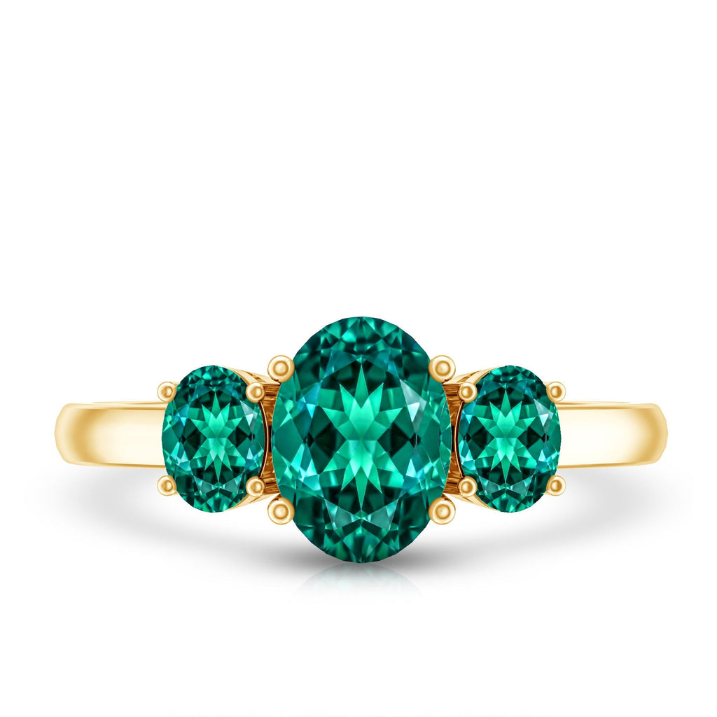 Lab Created Emerald Ring – Three Stone Oval Cut Prong Setting AAAA Quality
