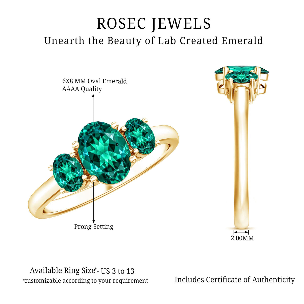 Lab Created Emerald Ring – Three Stone Oval Cut Prong Setting AAAA Quality