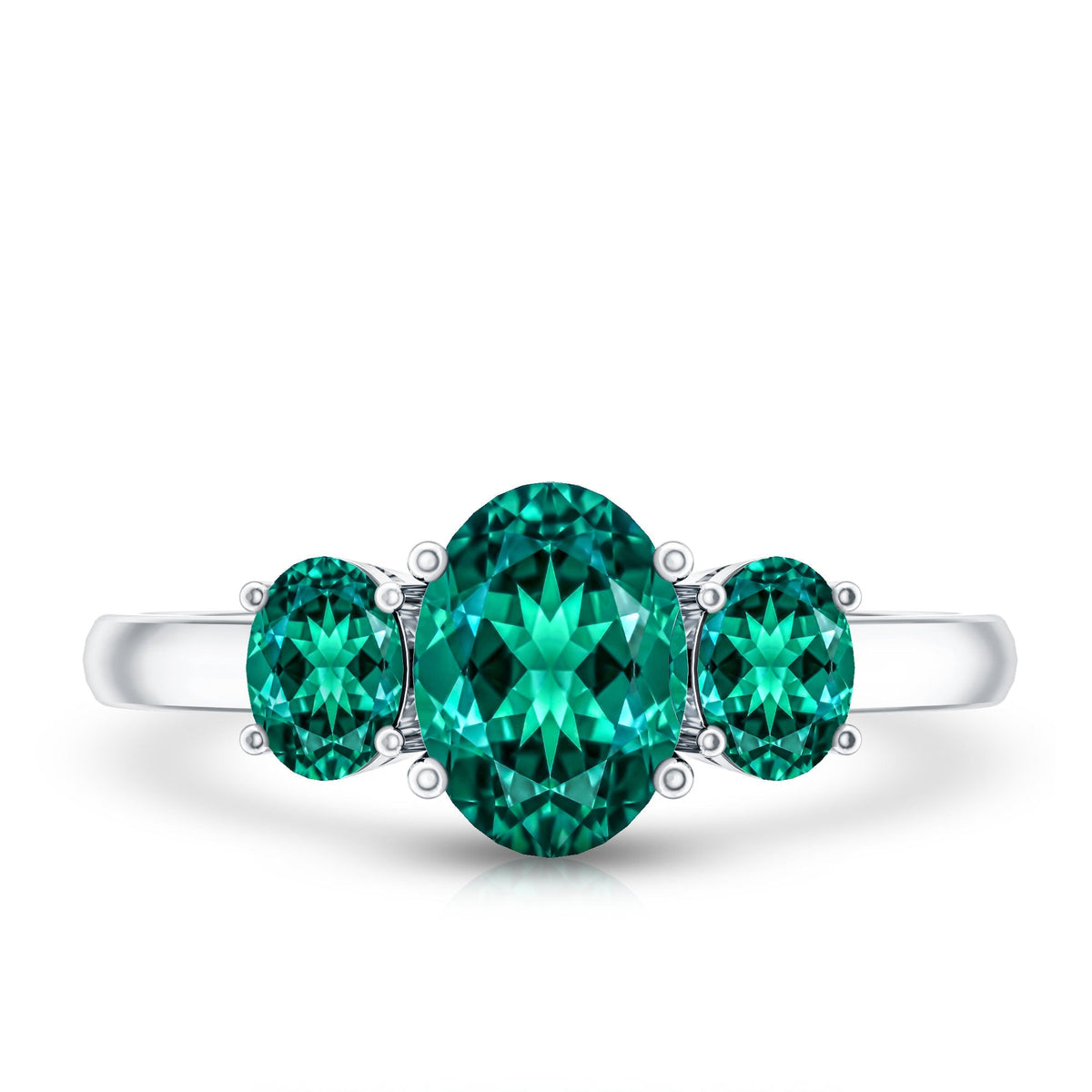 Lab Created Emerald Ring – Three Stone Oval Cut Prong Setting AAAA Quality