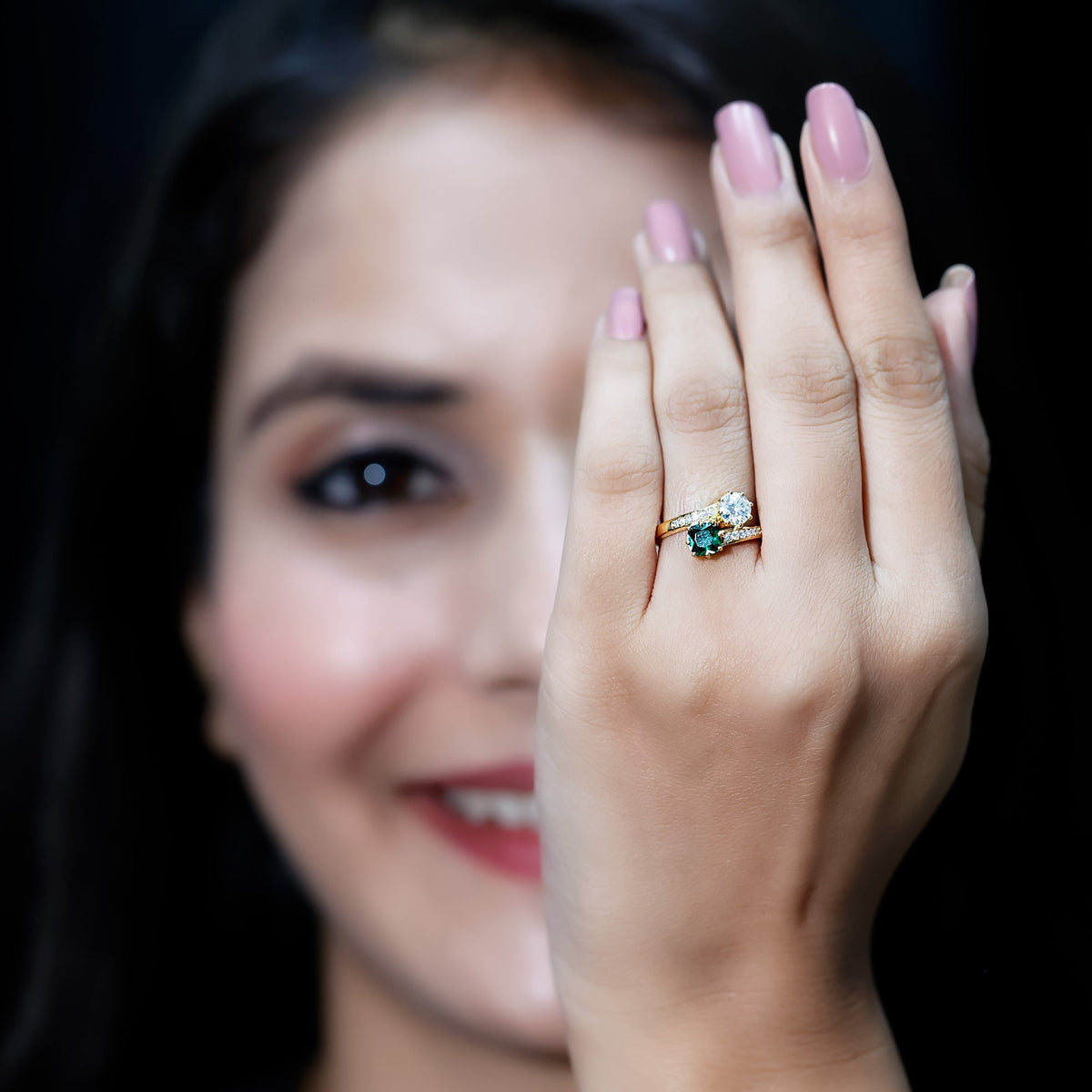 Lab Created Emerald Ring | Two Stone Engagement Ring - Silver Bypass Design