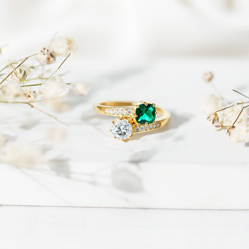 Lab Created Emerald Ring | Two Stone Engagement Ring - Silver Bypass Design