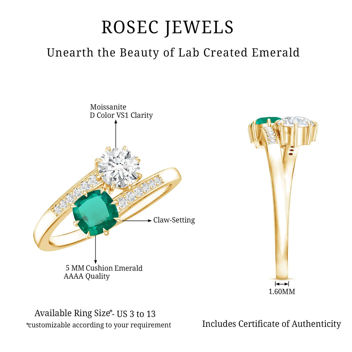 Lab Created Emerald Ring | Two Stone Engagement Ring - Silver Bypass Design