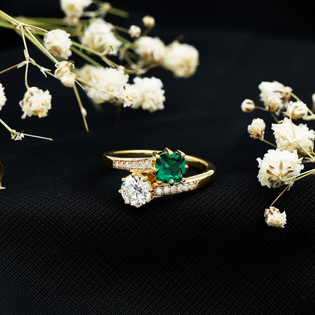 Lab Created Emerald Ring | Two Stone Engagement Ring - Silver Bypass Design
