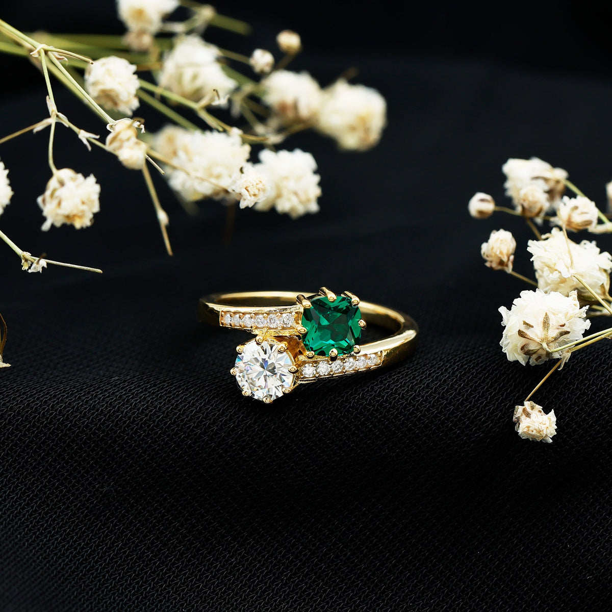 Lab Created Emerald Ring | Two Stone Engagement Ring - Silver Bypass Design