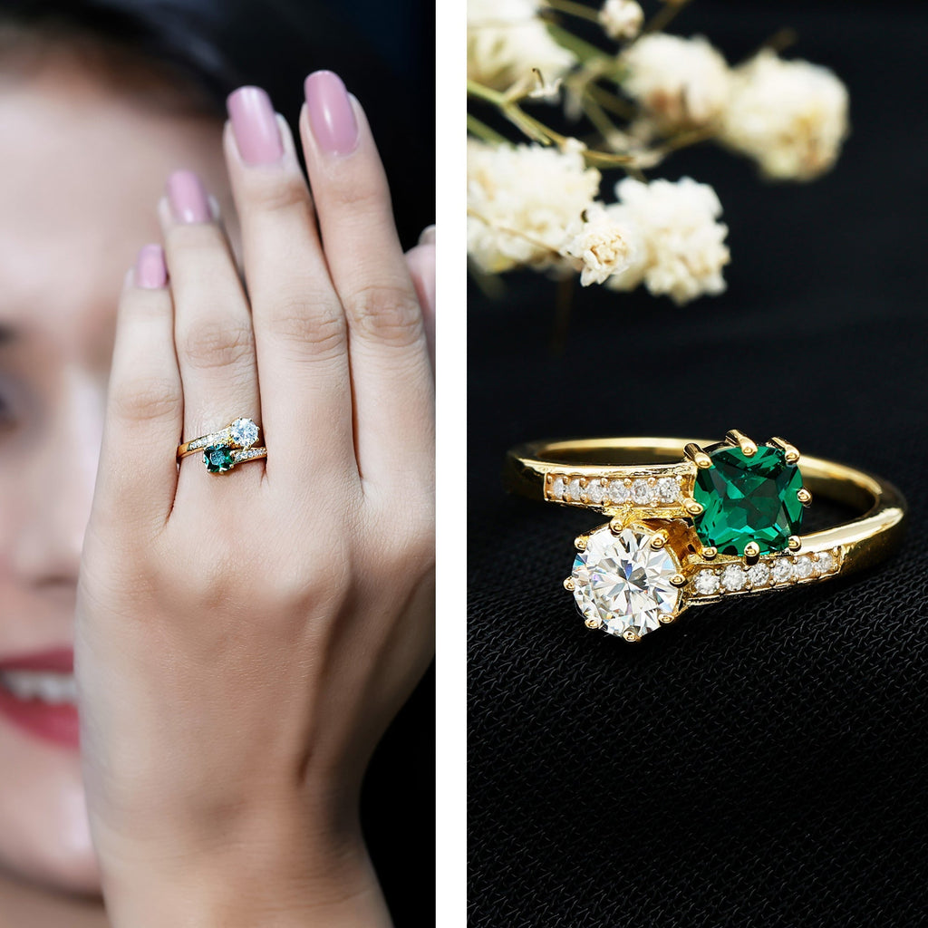 Lab Created Emerald Ring | Two Stone Engagement Ring - Silver Bypass Design