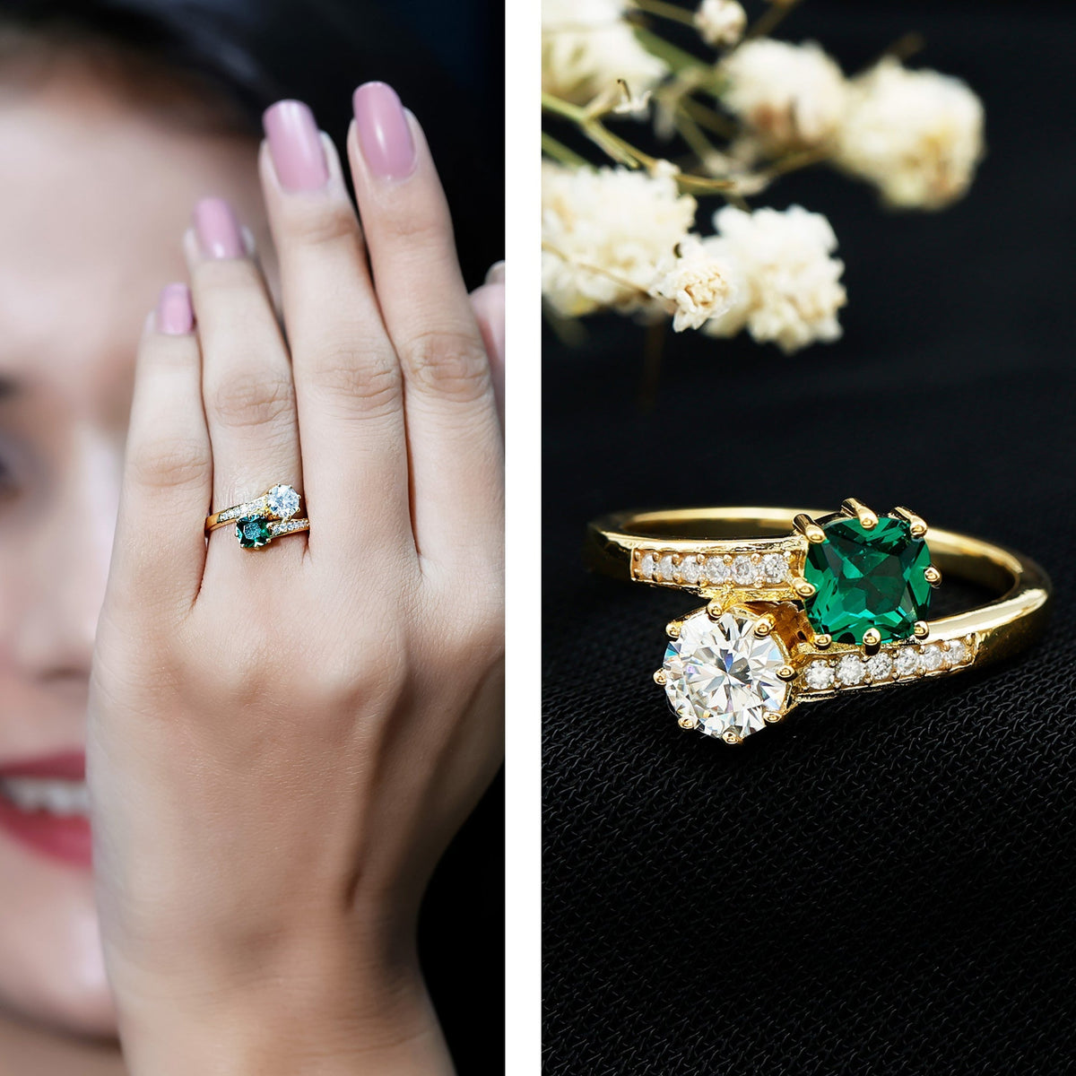 Lab Created Emerald Ring | Two Stone Engagement Ring - Silver Bypass Design