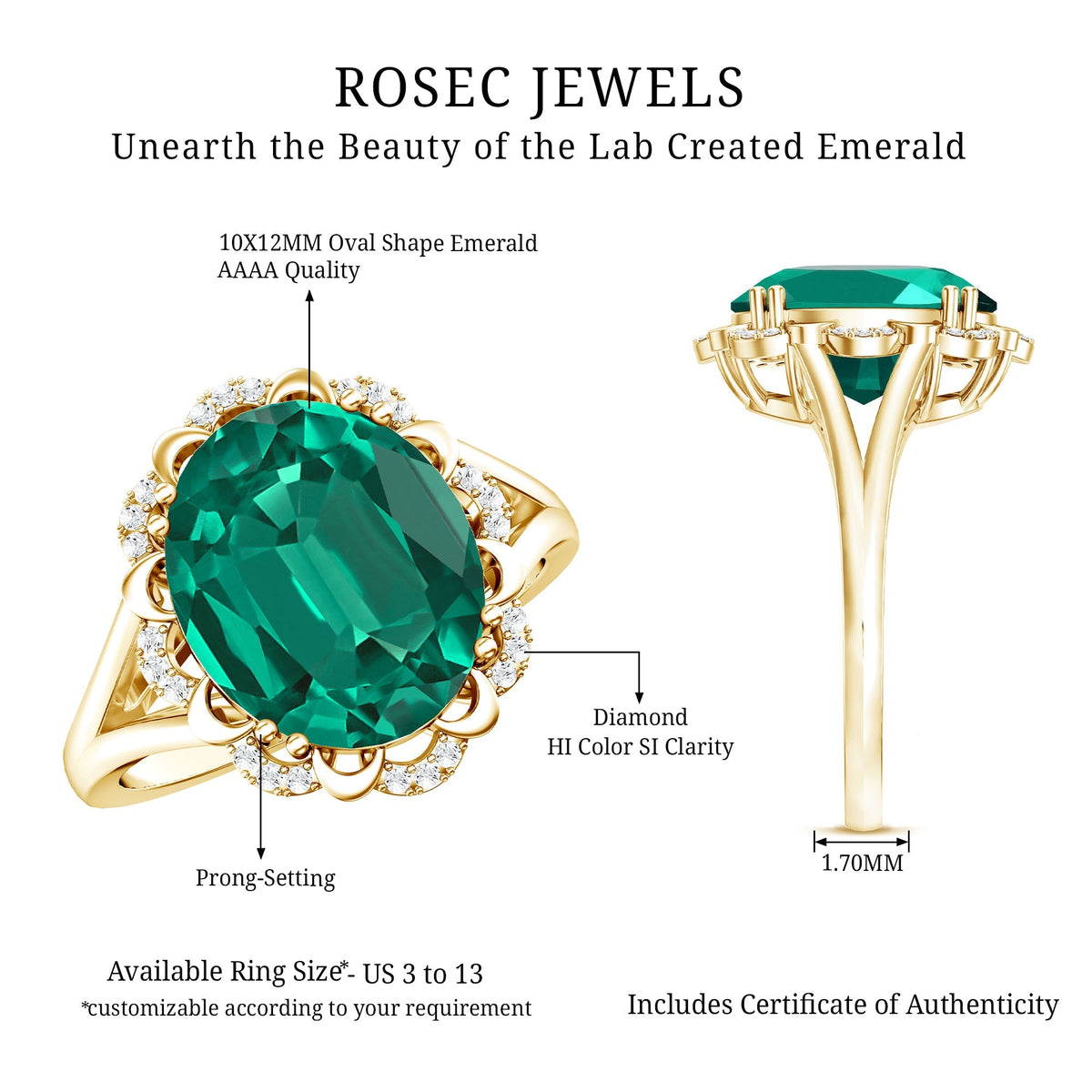 Lab Created Emerald Ring – Vintage Engagement Jewelry Gift with Diamond Halo